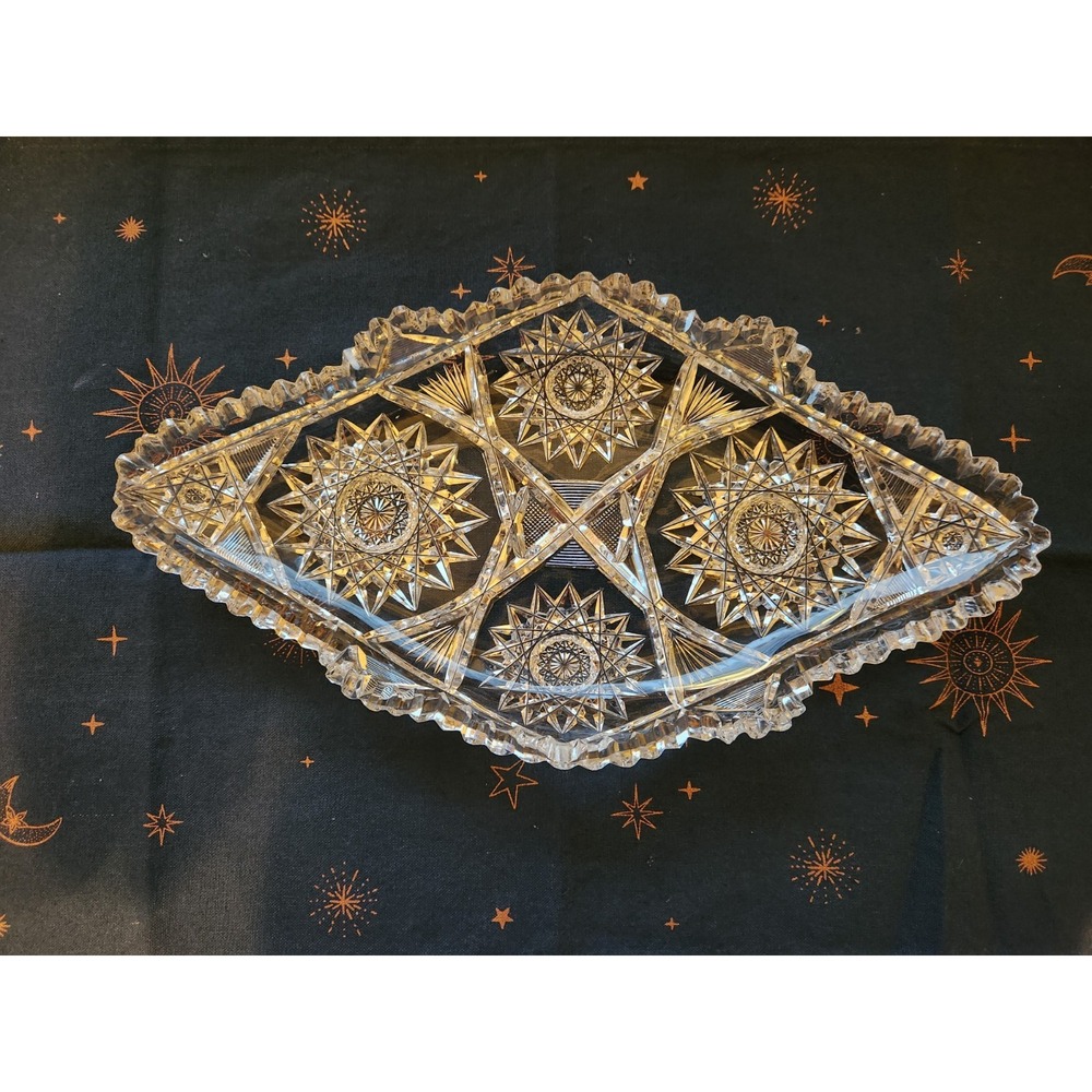 Cut Crystal Diamond Shaped Relish Dish, Early American Brilliant Glass VTG